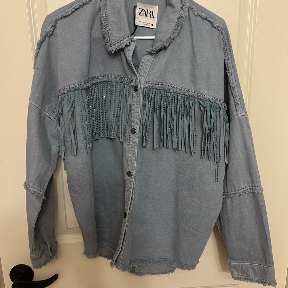 Zara Light Blue Fringed Denim Shirt Jacket